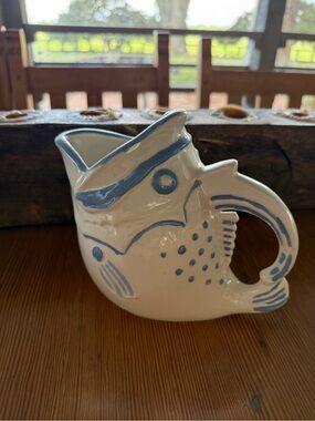 Handcrafted White and Light Blue Fish Pitcher Glug Jug